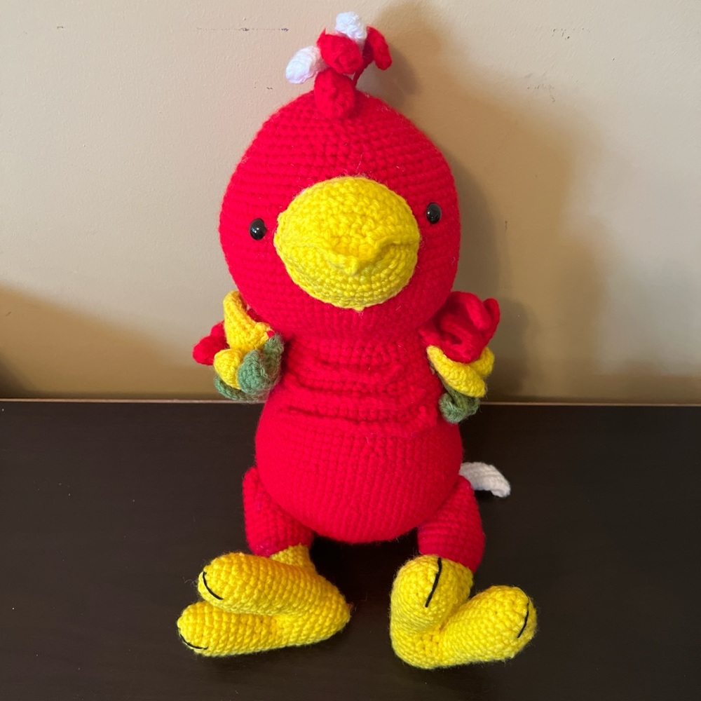 Large Red and Yellow Crochet Bird Plush